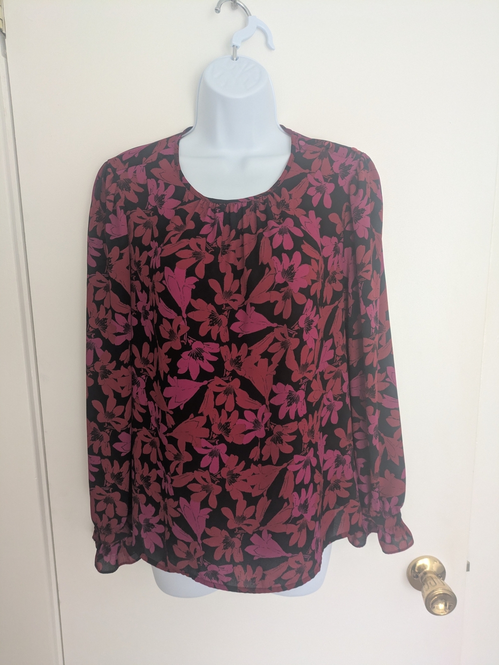 J. Crew Black Blouse with Pink And Red Floral Print & Ruffle Cuffs Size M